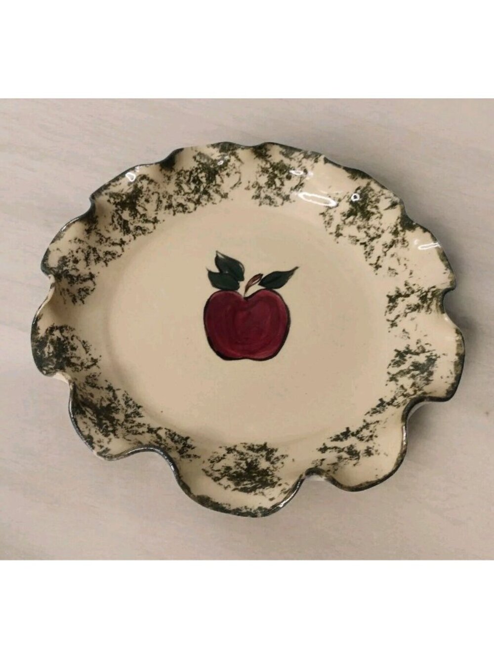 Piney Woods NC Art Pottery Ruffled Apple Pie Dish Spongeware Farmhouse Handmade